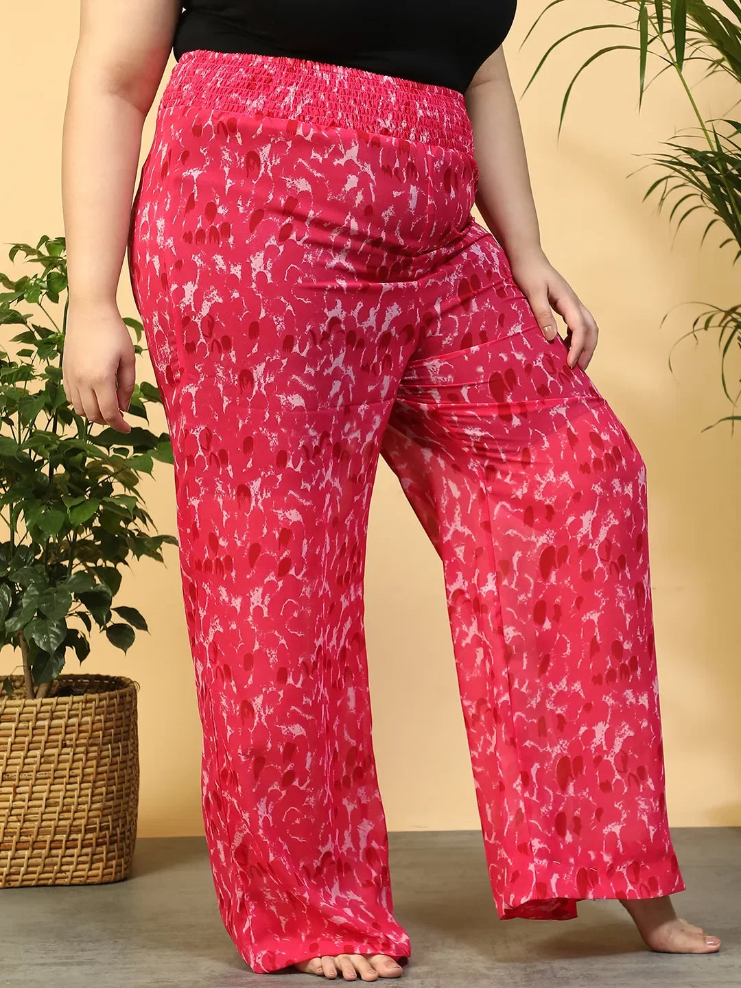 Petal Pink Flared Elasticated Waist Plus Size Women Beachwear Pant - oxolloxo