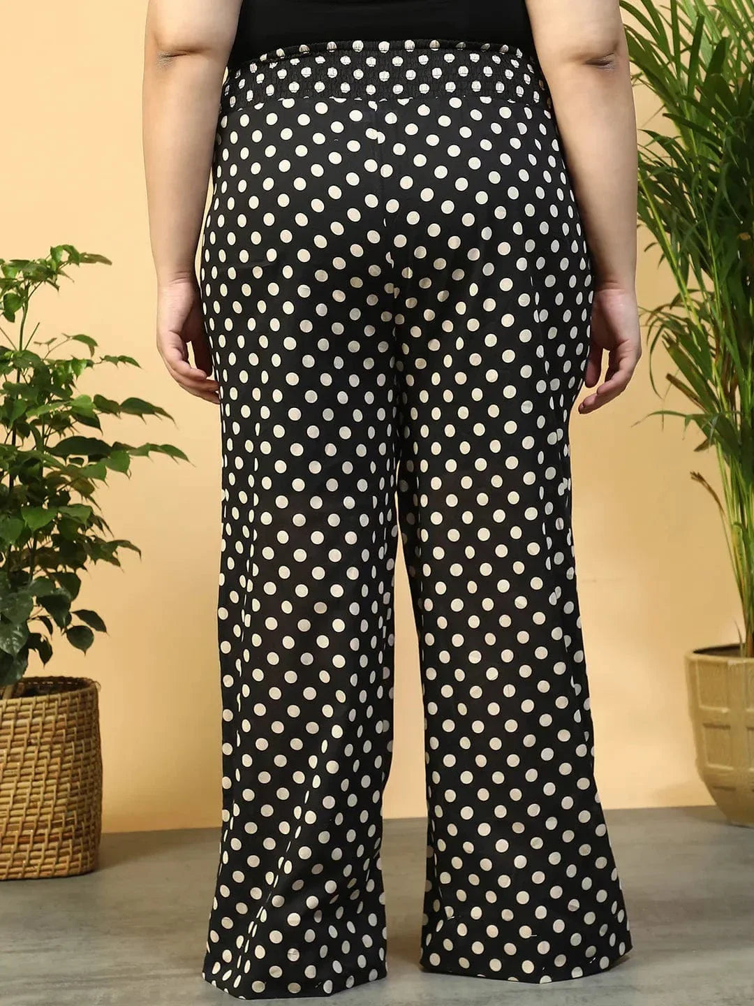 Black Polka Dot Print Flared Elasticated Waist, Plus Size Women Beachwear Cotton Pant - oxolloxo
