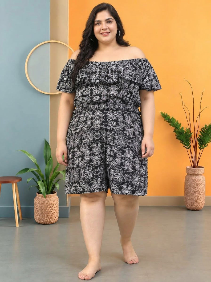 Plus Size Black Floral Print Beachwear Playsuit