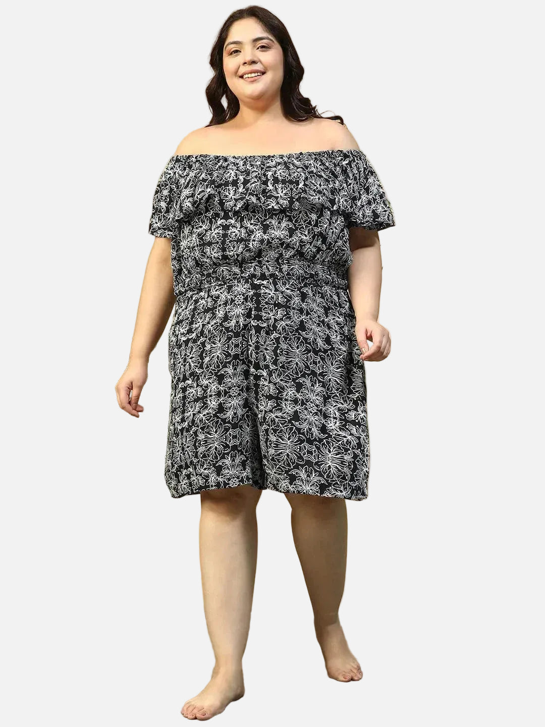 Flair Black Floral Print Elasticated Off - Shoulder Plus Size Beachwear Playsuit - oxolloxo