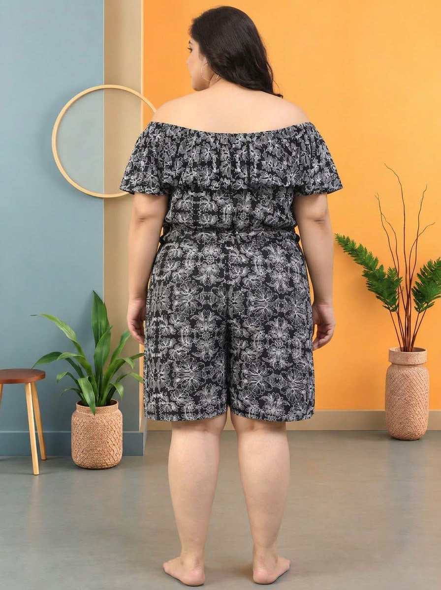 Plus Size Black Floral Print Beachwear Playsuit