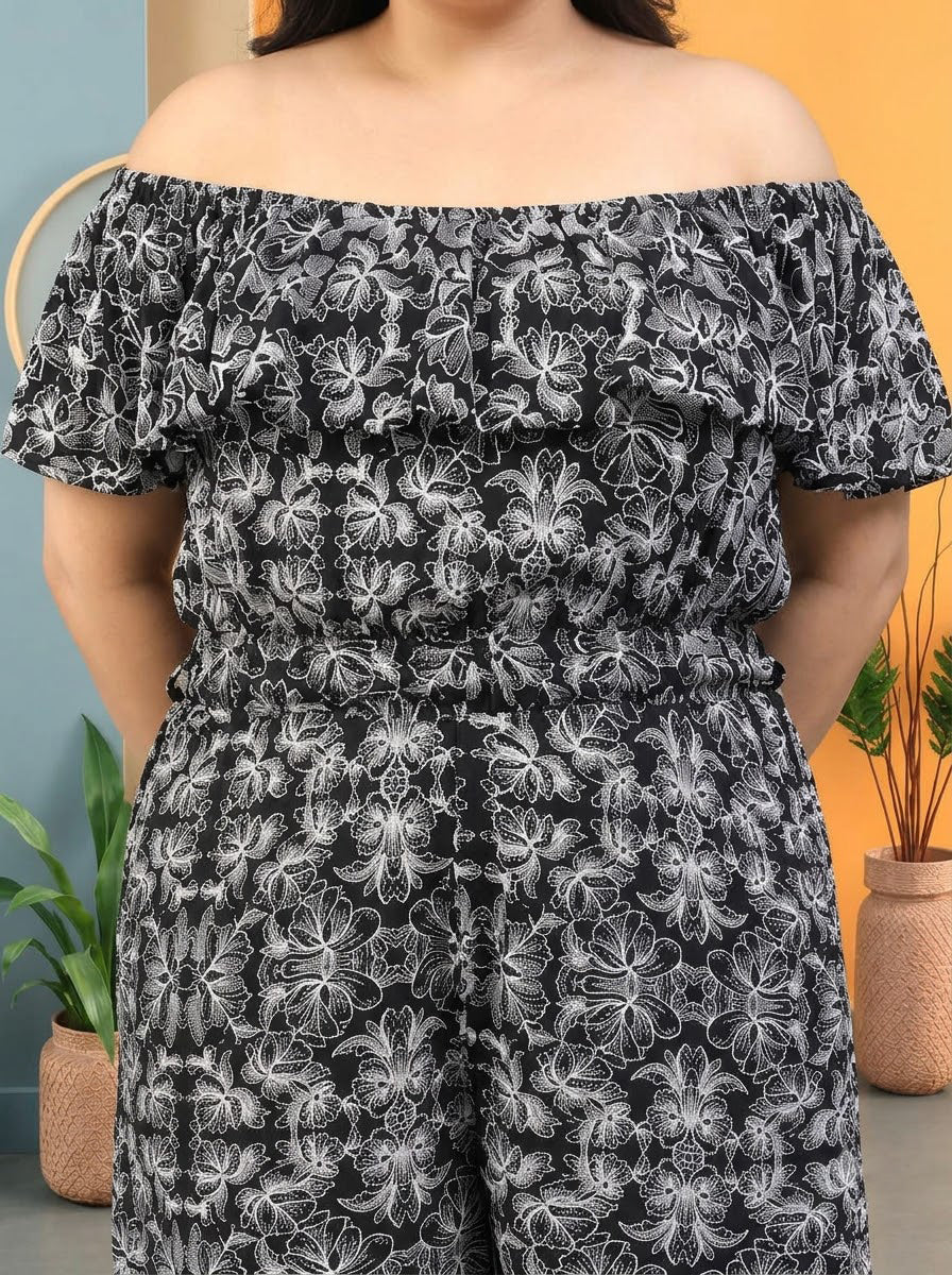 Plus Size Black Floral Print Beachwear Playsuit