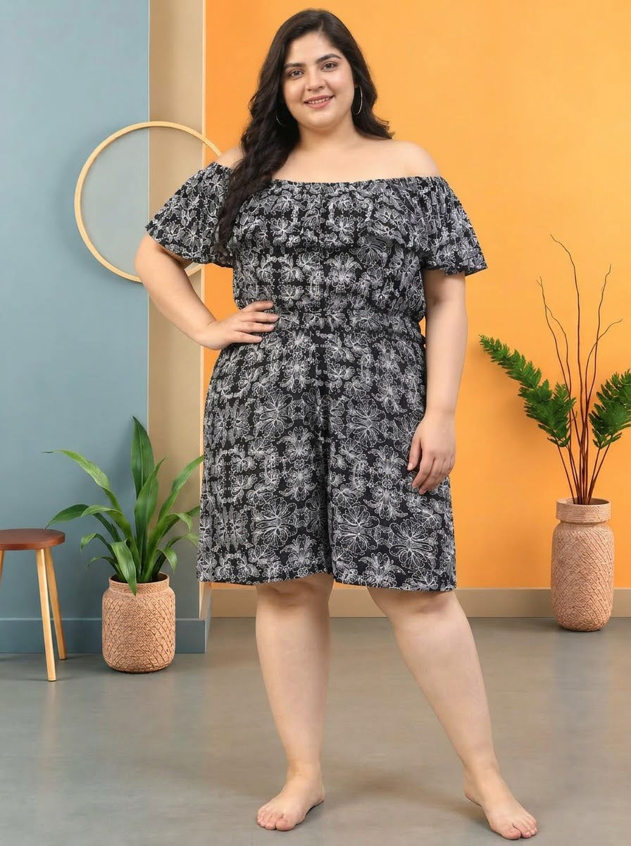 Plus Size Black Floral Print Beachwear Playsuit