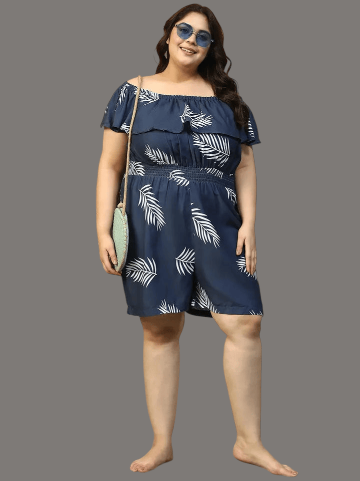 Plus size blue tropical print off-shoulder beachwear playsuit