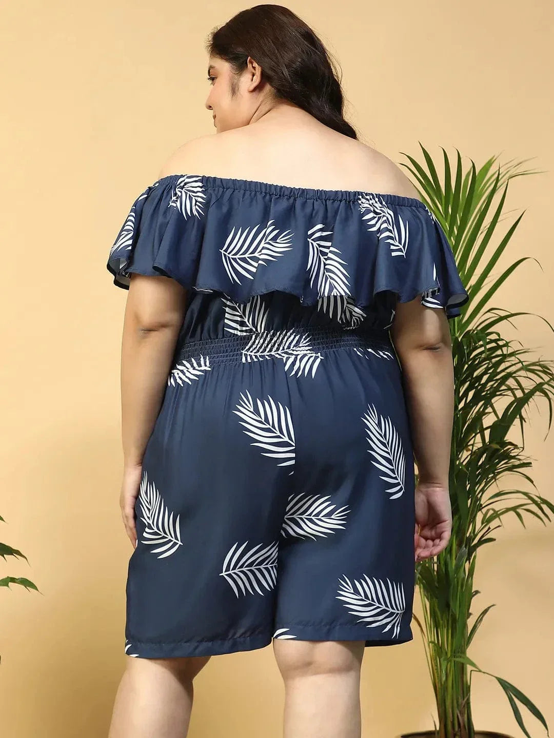 Plus size blue tropical print off-shoulder beachwear playsuit, photo 7