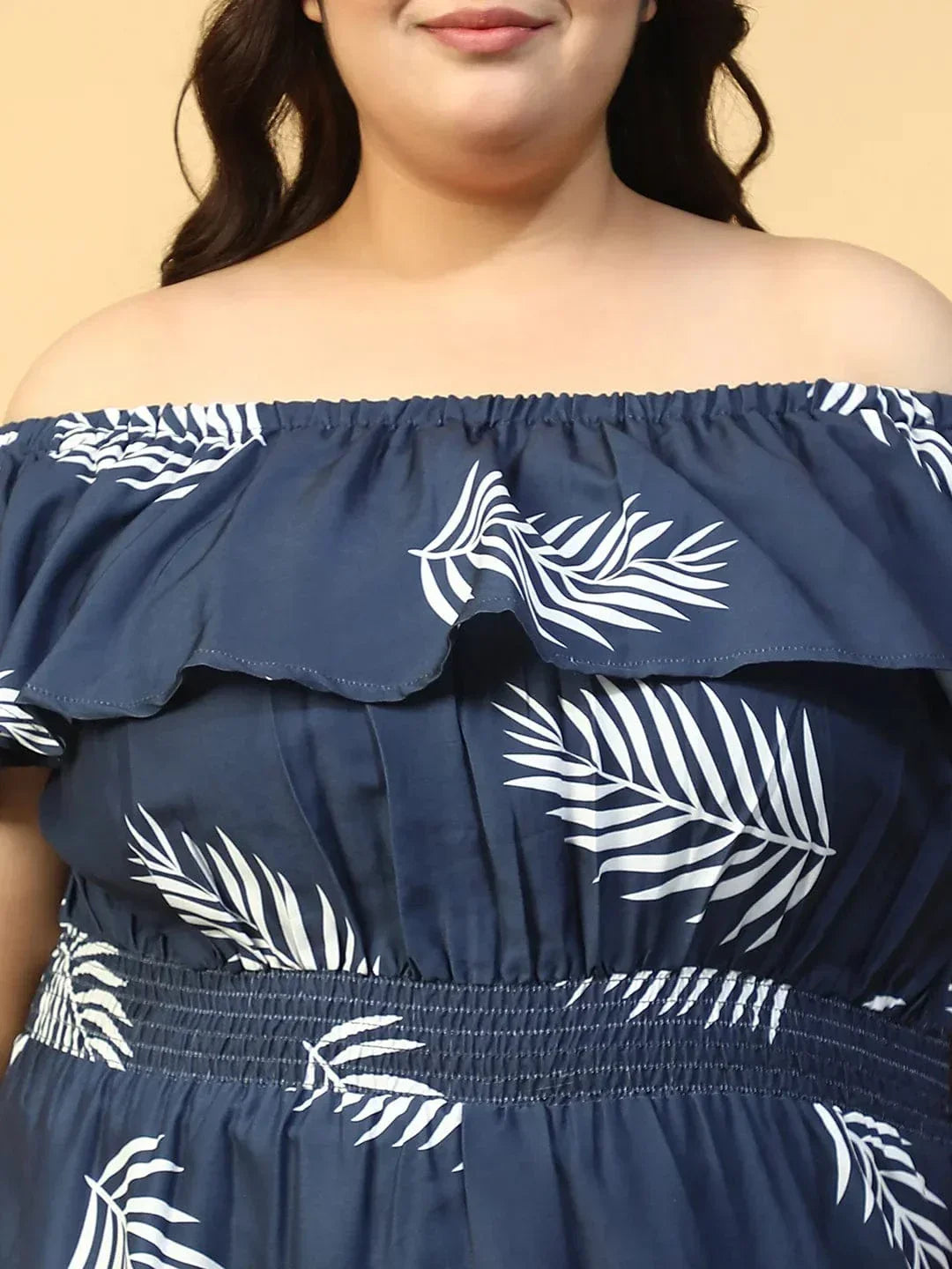 Plus size blue tropical print off-shoulder beachwear playsuit, photo 2