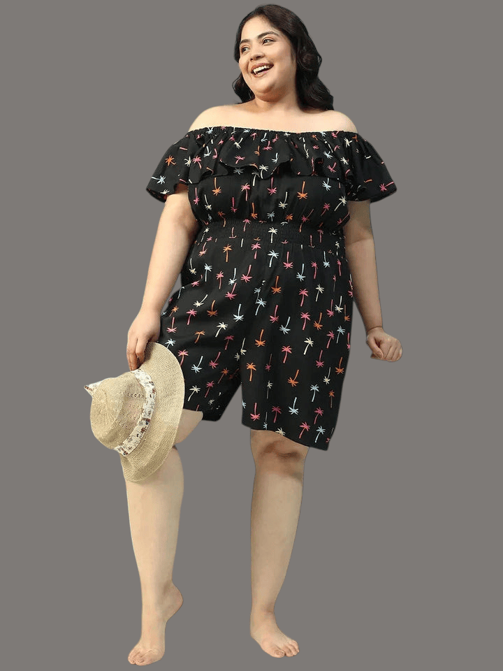 Plus Size Black Star Print Beachwear Playsuit
