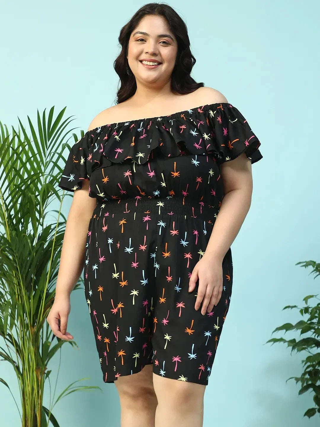 Sailer Black Star Print Elasticated Off - Shoulder Plus Size Beachwear Playsuit - oxolloxo