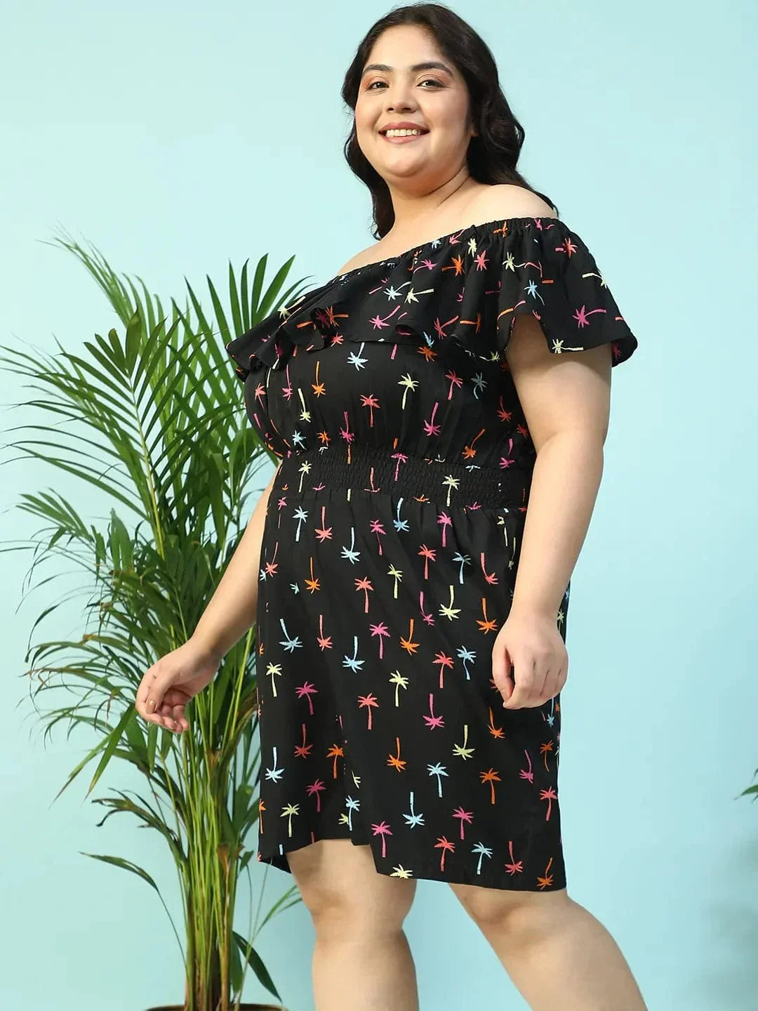 Sailer Black Star Print Elasticated Off - Shoulder Plus Size Beachwear Playsuit - oxolloxo