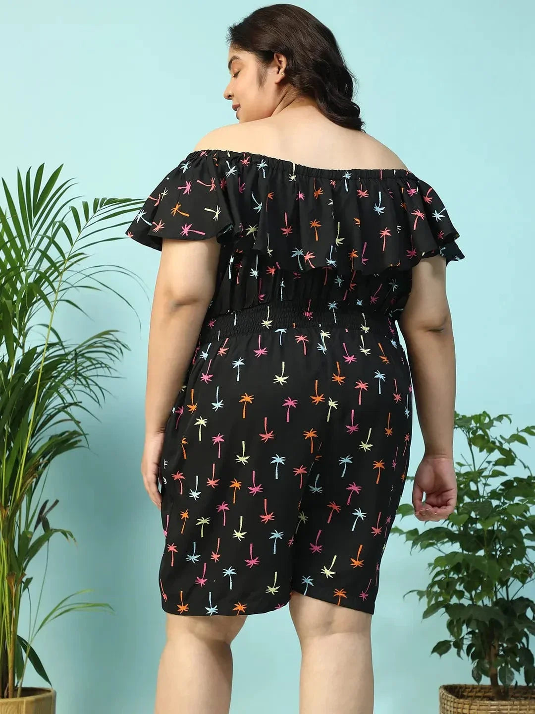 Sailer Black Star Print Elasticated Off - Shoulder Plus Size Beachwear Playsuit - oxolloxo