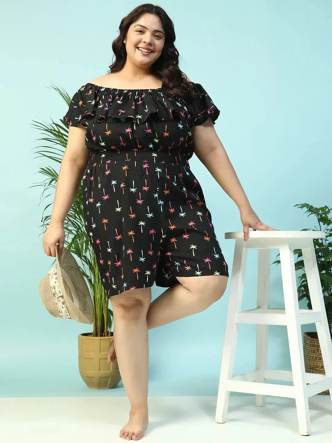 Sailer Black Star Print Elasticated Off - Shoulder Plus Size Beachwear Playsuit - oxolloxo