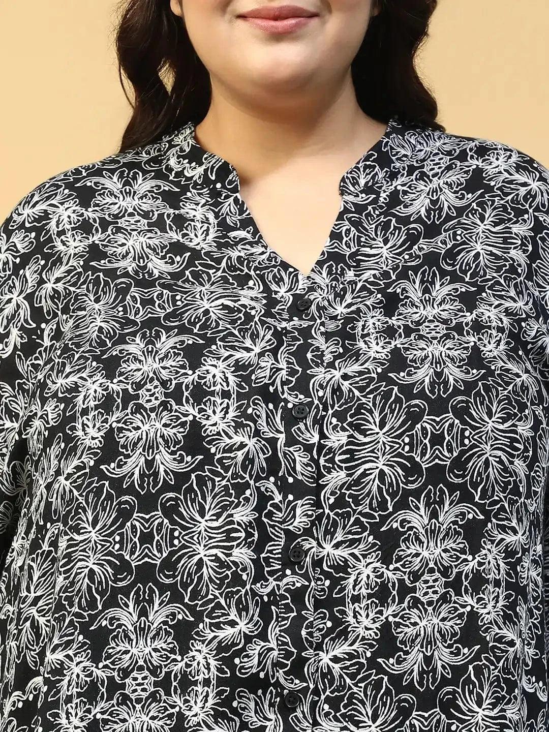 Canva Black Floral Print Long Sleeve Button Down Plus Size Beachwear Shirt - oxolloxo