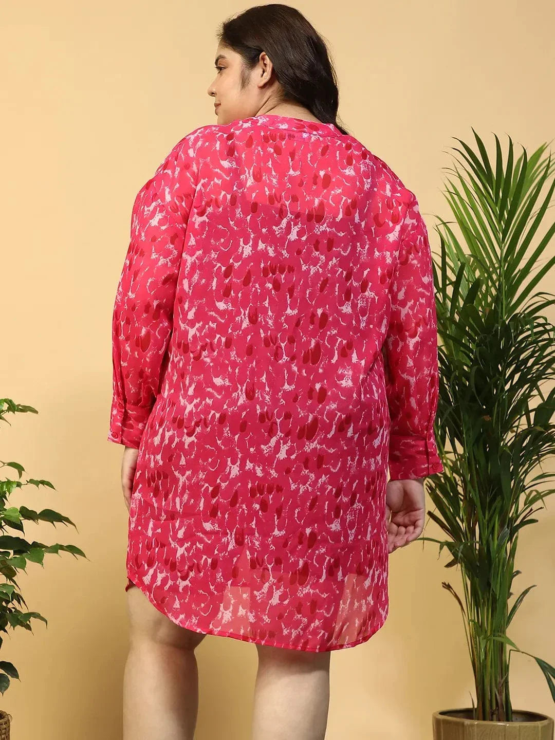 Galaxy Pink Floral Print Long Sleeve Button Down Beachwear Plus Size Shirt - oxolloxo