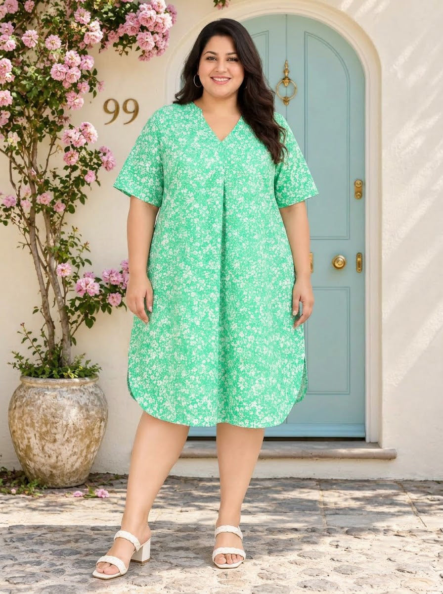 Plus Size Green Floral Print Dress