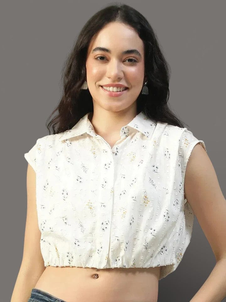 Off White Floral Print Cotton Crop Shirt