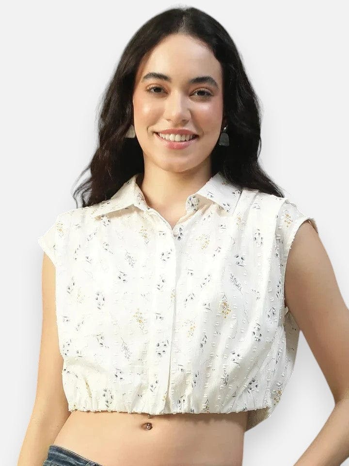 Off White Floral Print Cotton Crop Shirt