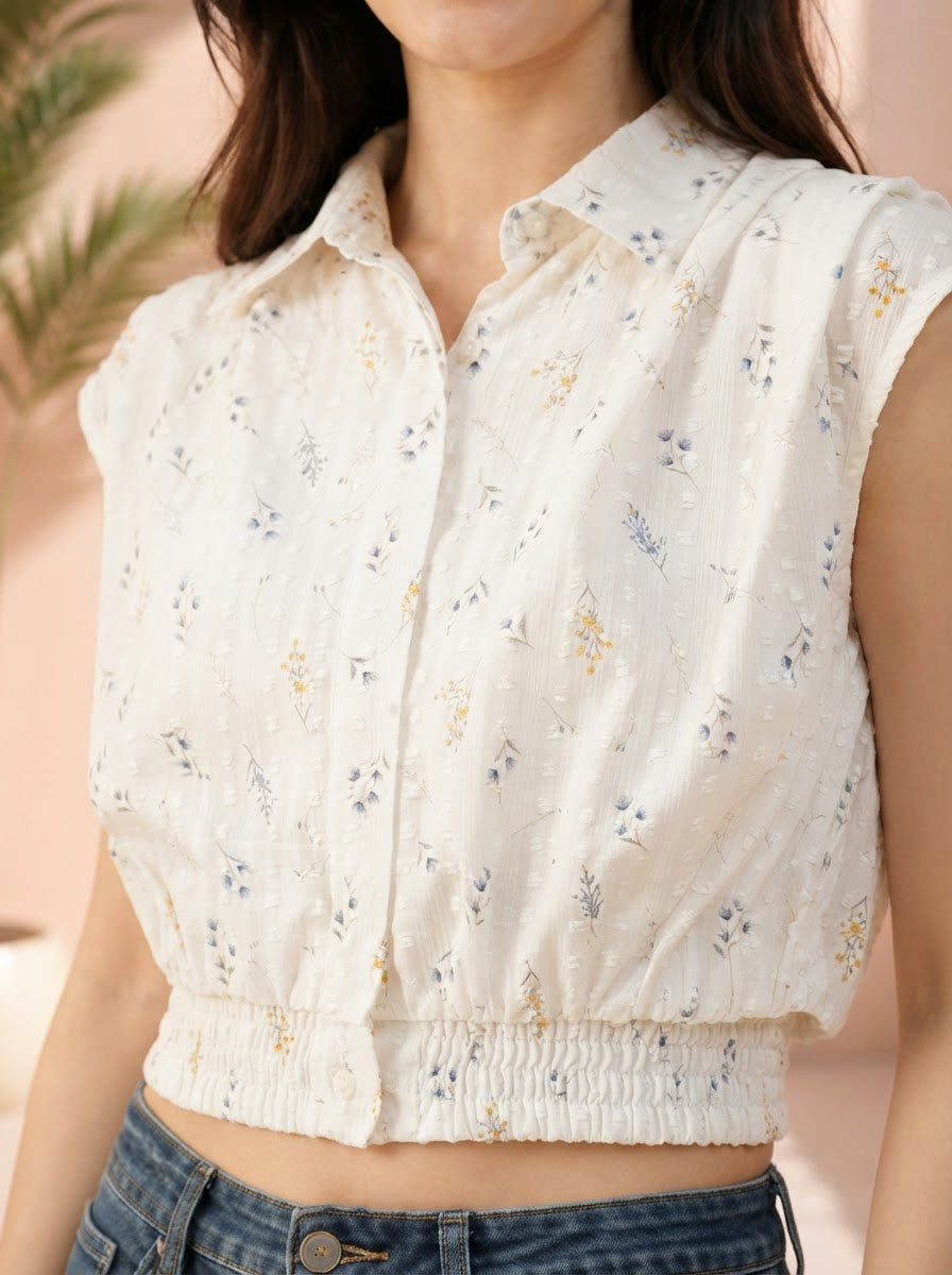 Cream floral print sleeveless crop top with button front and elastic waist, paired with denim jeans