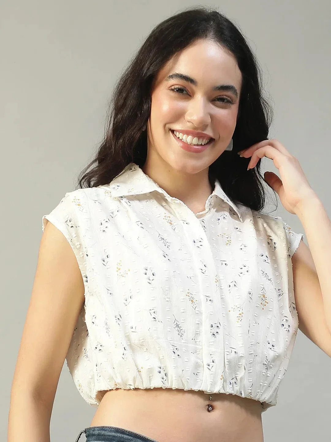 Off White Floral Print Collared Short Sleeve Button Down Women Cotton Dobby Crop Shirt - oxolloxo