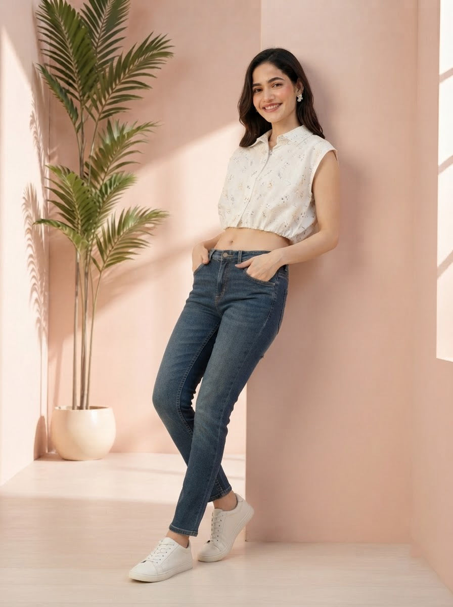Woman in floral crop top and high-waisted jeans, stylish plus size fashion outfit