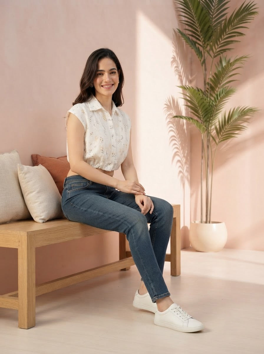 Woman in floral sleeveless top, blue jeans, and white sneakers sitting on wooden bench