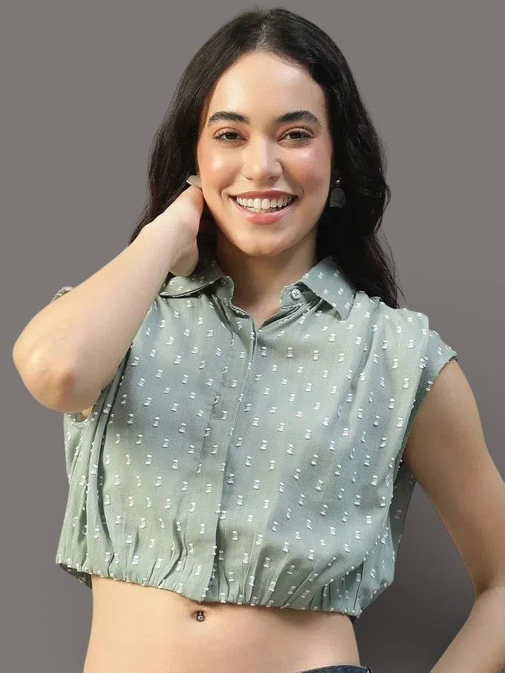 Green Yarn Dyed Check Cotton Crop Shirt
