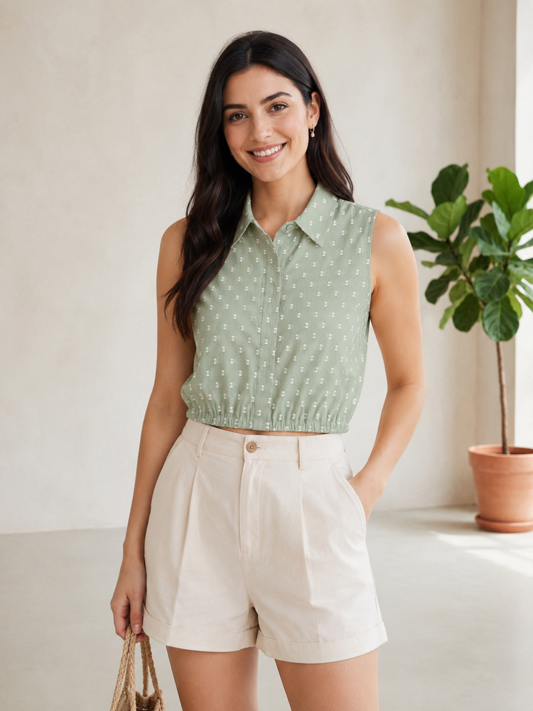 Green Yarn Dyed Check Cotton Crop Shirt