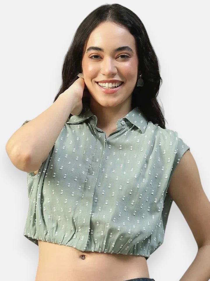 Green Yarn Dyed Check Cotton Crop Shirt