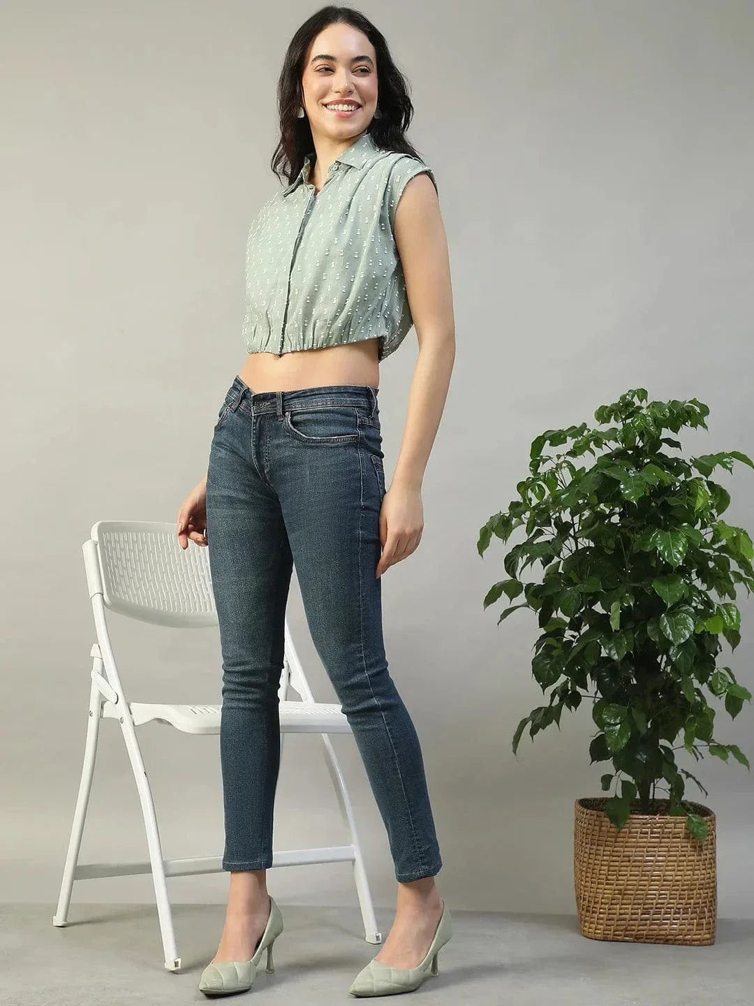 Forth Green Collared Short Sleeve Button Down Yarn Dyed Boota Dobby Women Cotton Crop Shirt - oxolloxo