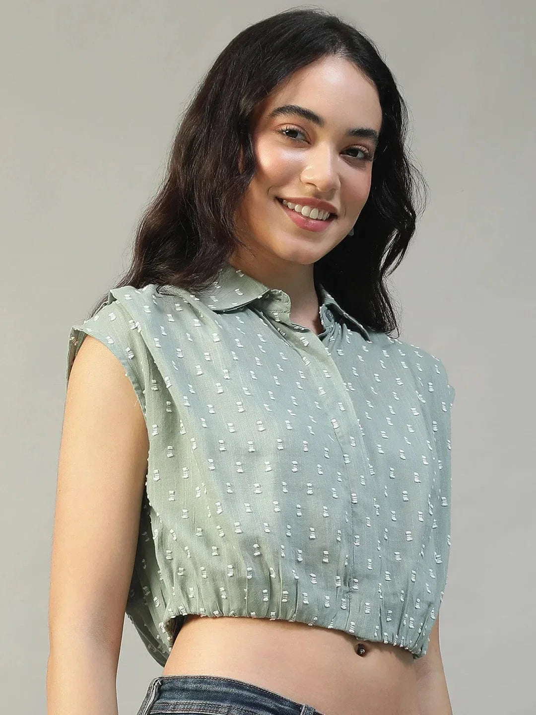 Forth Green Collared Short Sleeve Button Down Yarn Dyed Boota Dobby Women Cotton Crop Shirt - oxolloxo