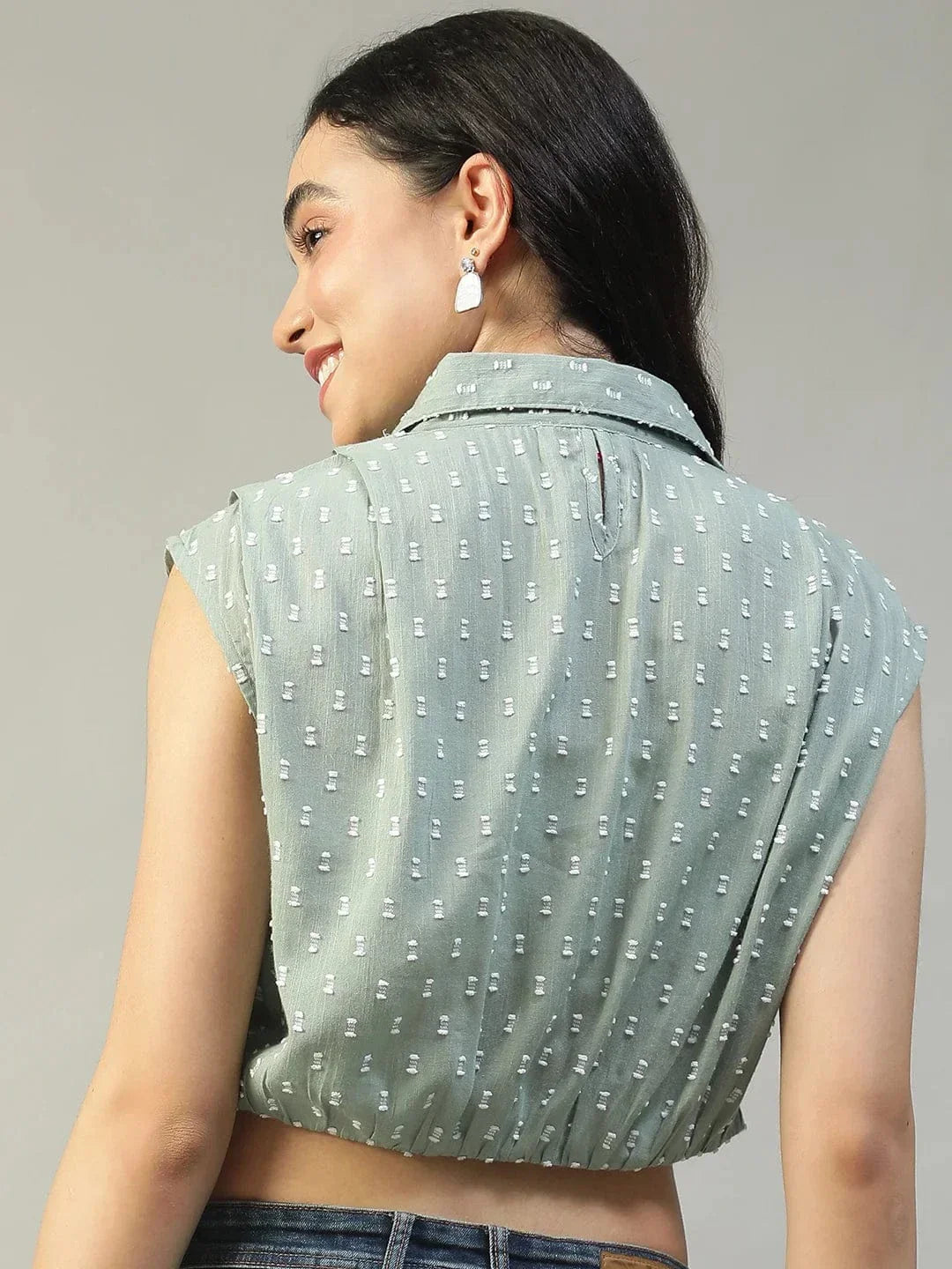 Forth Green Collared Short Sleeve Button Down Yarn Dyed Boota Dobby Women Cotton Crop Shirt - oxolloxo