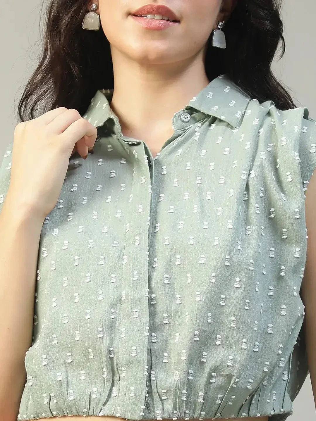 Forth Green Collared Short Sleeve Button Down Yarn Dyed Boota Dobby Women Cotton Crop Shirt - oxolloxo