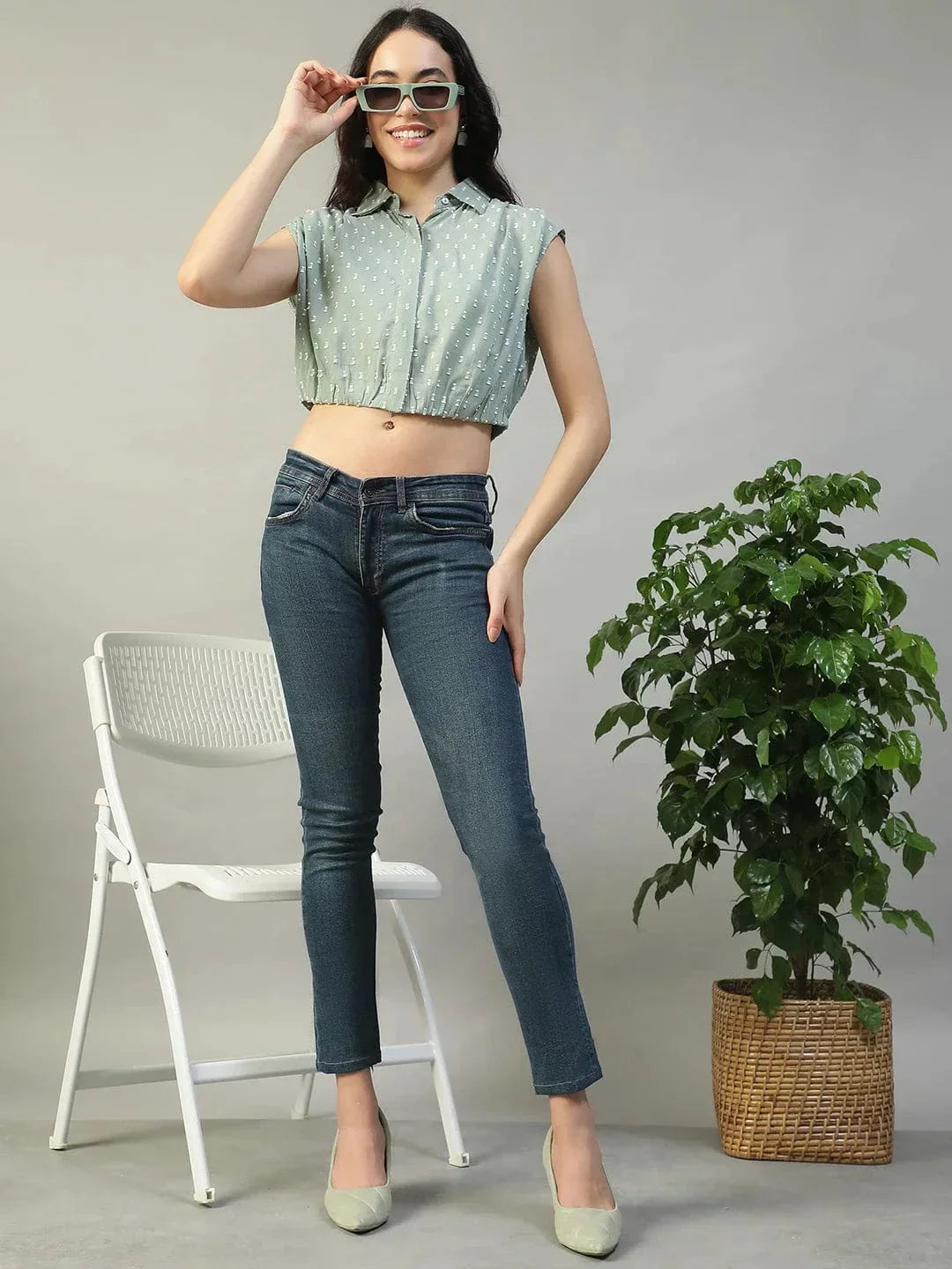 Forth Green Collared Short Sleeve Button Down Yarn Dyed Boota Dobby Women Cotton Crop Shirt - oxolloxo