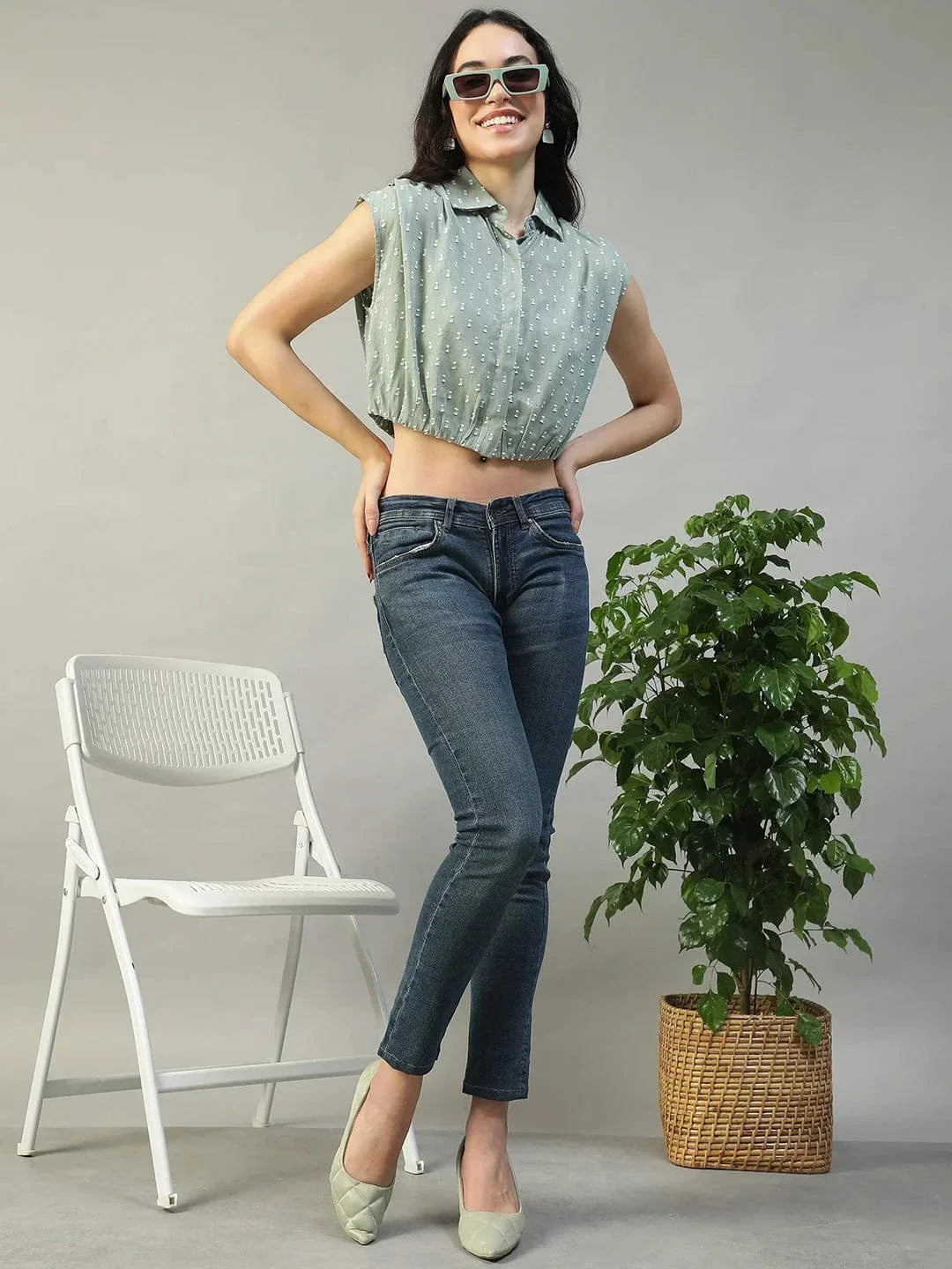 Forth Green Collared Short Sleeve Button Down Yarn Dyed Boota Dobby Women Cotton Crop Shirt - oxolloxo