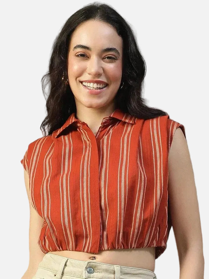 Rust Yard Dyed Check Cotton Crop Shirt