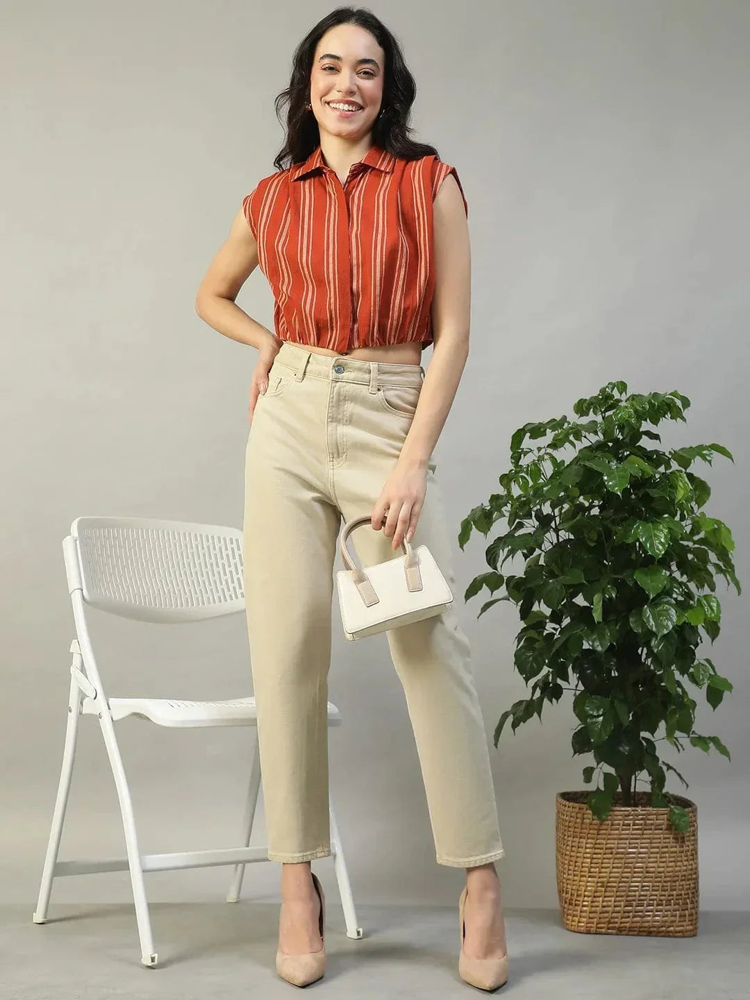Rust Yard Dyed Check Cotton Crop Shirt