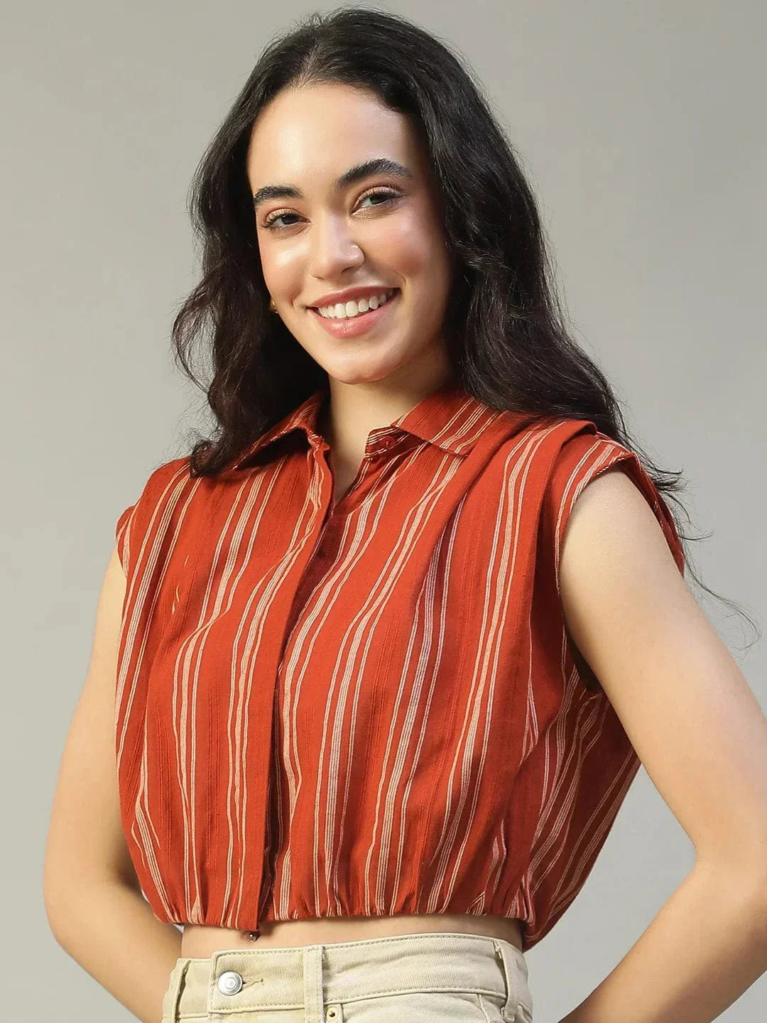 Rust Yard Dyed Check Cotton Crop Shirt