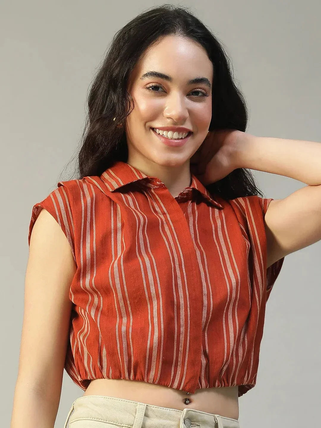 Rust Yard Dyed Check Cotton Crop Shirt