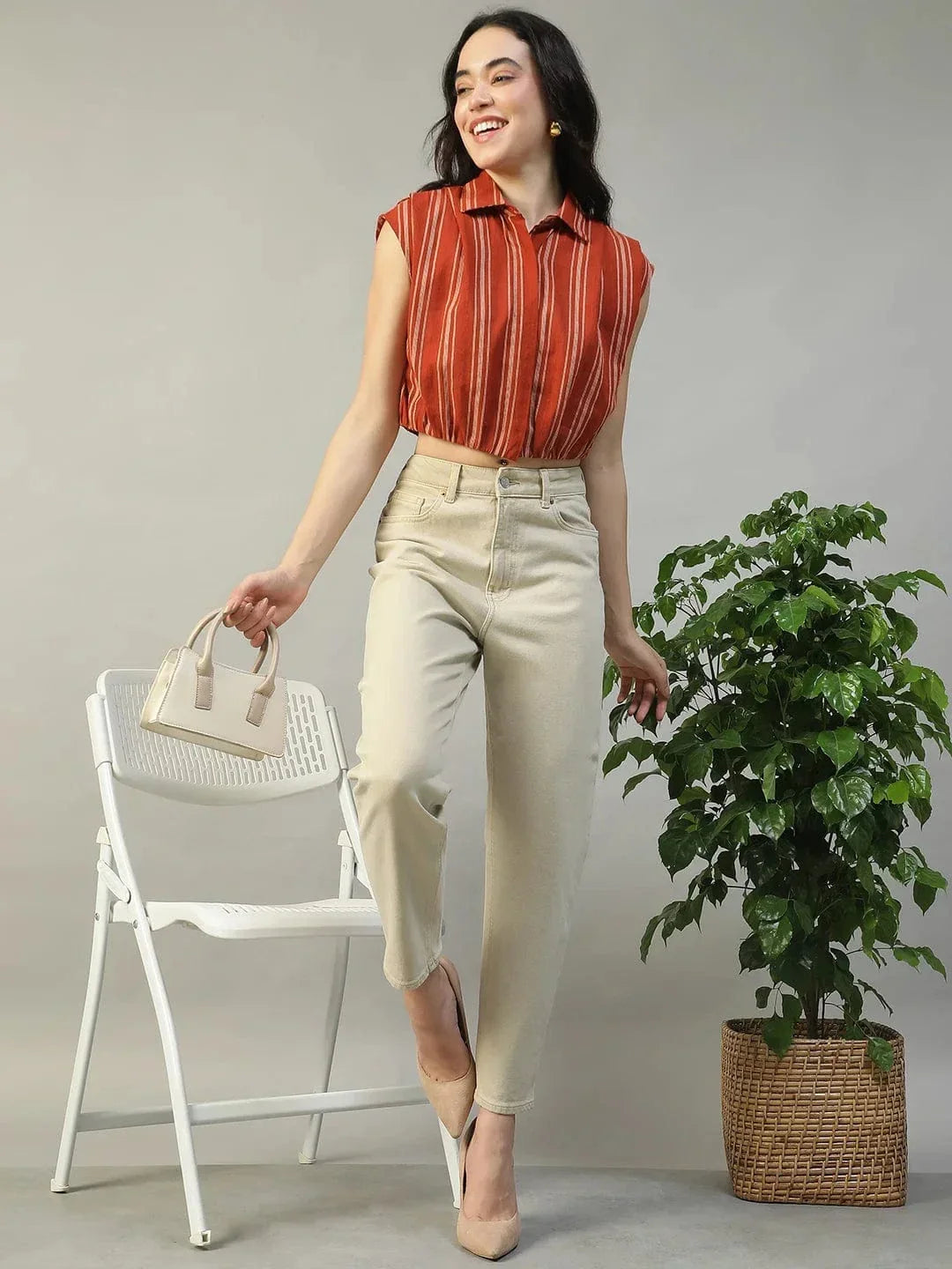 Rust Yard Dyed Check Cotton Crop Shirt