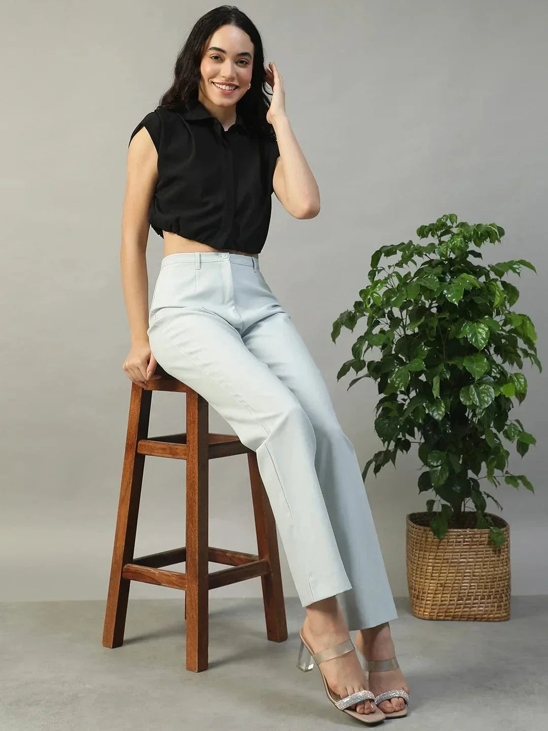 Major Solid Black Collared Short Sleeve Button Down Rivera Crepe Women Crop Shirt - oxolloxo