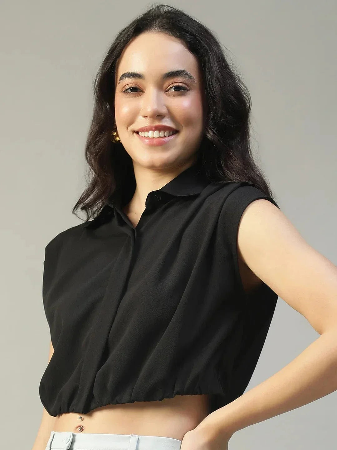 Major Solid Black Collared Short Sleeve Button Down Rivera Crepe Women Crop Shirt - oxolloxo