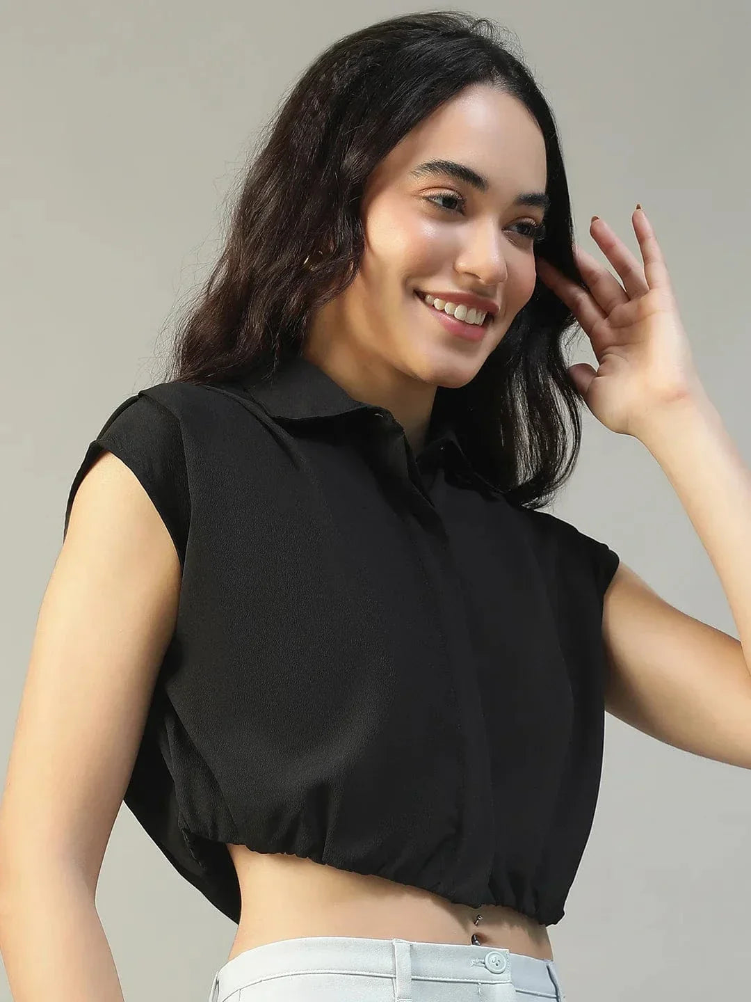 Major Solid Black Collared Short Sleeve Button Down Rivera Crepe Women Crop Shirt - oxolloxo