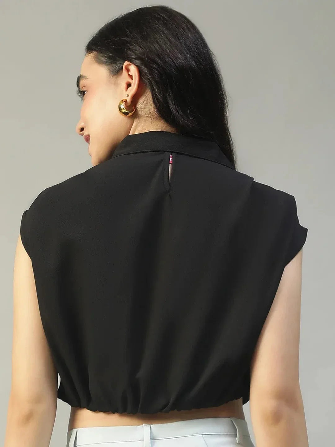 Major Solid Black Collared Short Sleeve Button Down Rivera Crepe Women Crop Shirt - oxolloxo