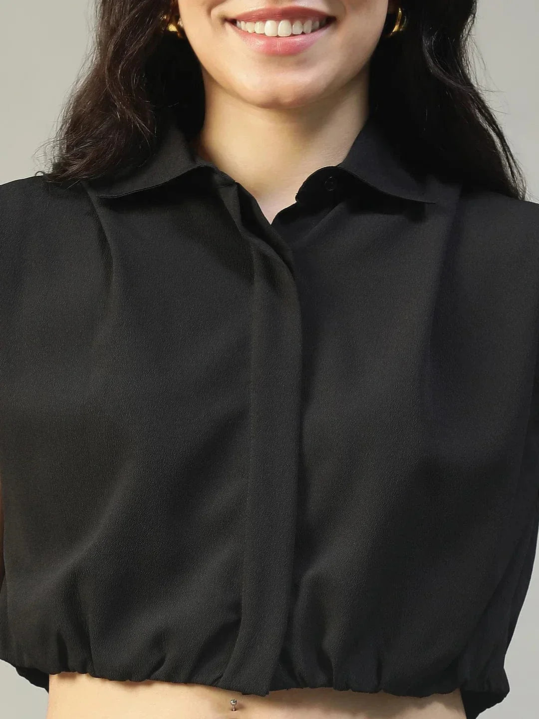Major Solid Black Collared Short Sleeve Button Down Rivera Crepe Women Crop Shirt - oxolloxo