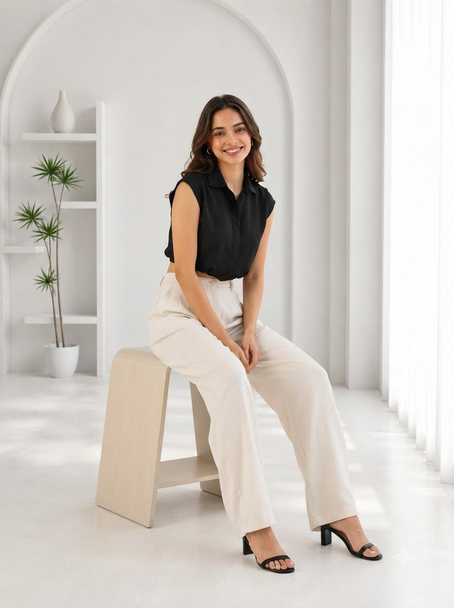 Woman in black sleeveless top and cream wide-leg pants, stylish plus size fashion outfit