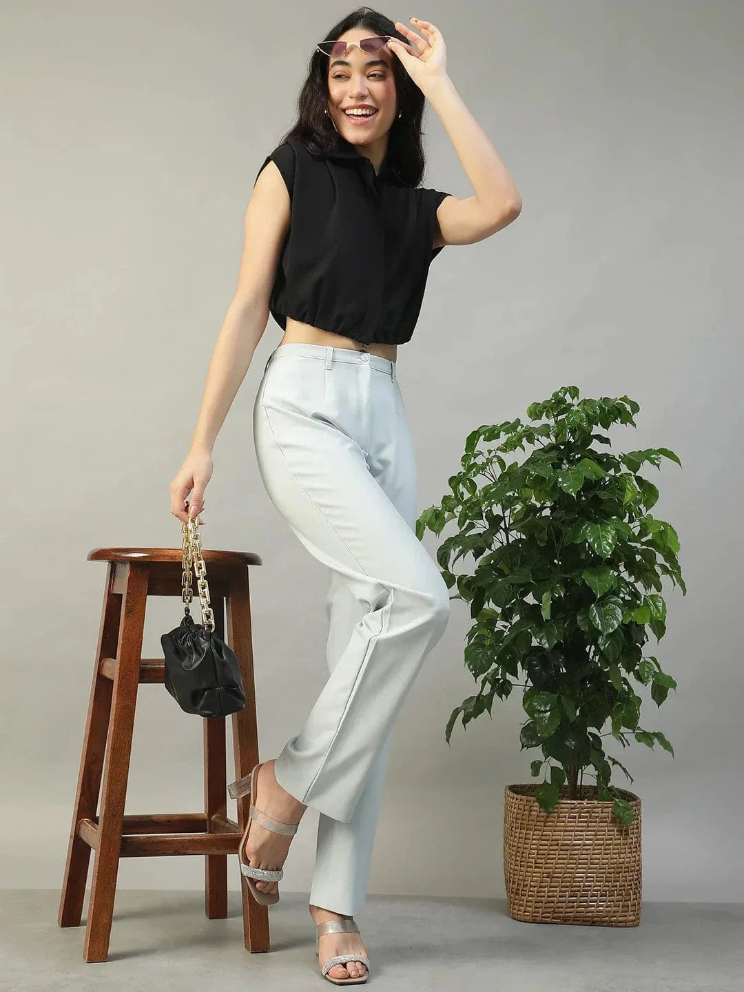 Major Solid Black Collared Short Sleeve Button Down Rivera Crepe Women Crop Shirt - oxolloxo