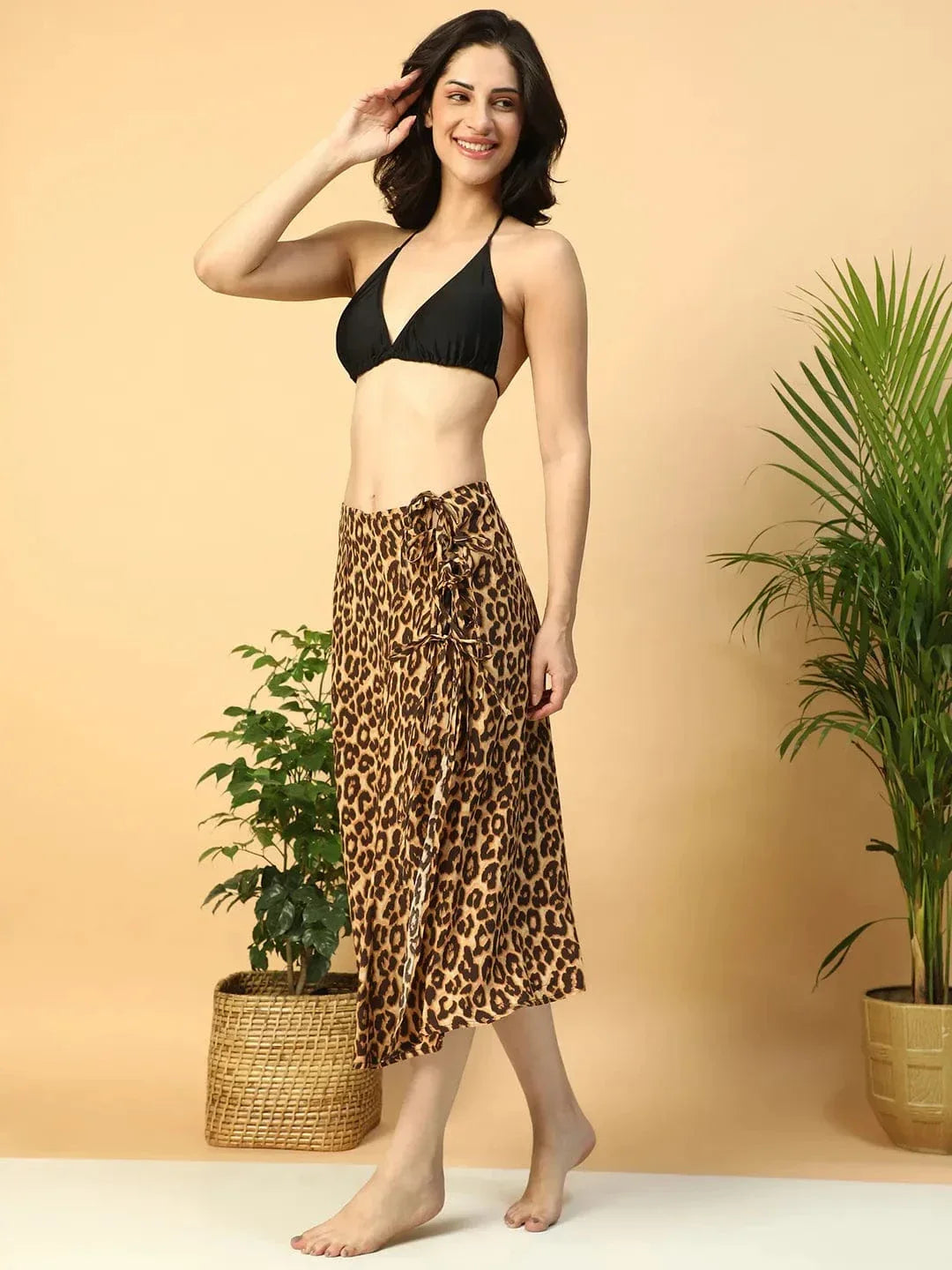 Drippy Brown Animal Print Elasticated With Tie-Up String Detail Women Beachwear Satin Skirt - oxolloxo