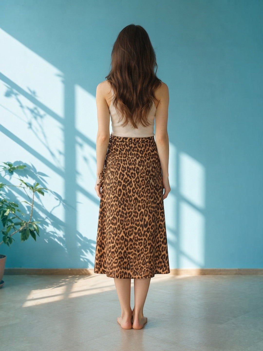Woman wearing leopard print midi skirt, back view, stylish plus size fashion