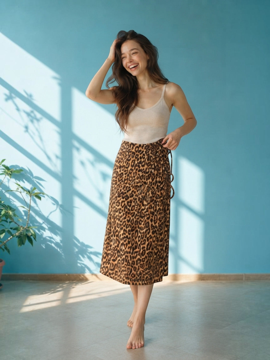 Woman in leopard print midi skirt and cream camisole, stylish plus size fashion for women