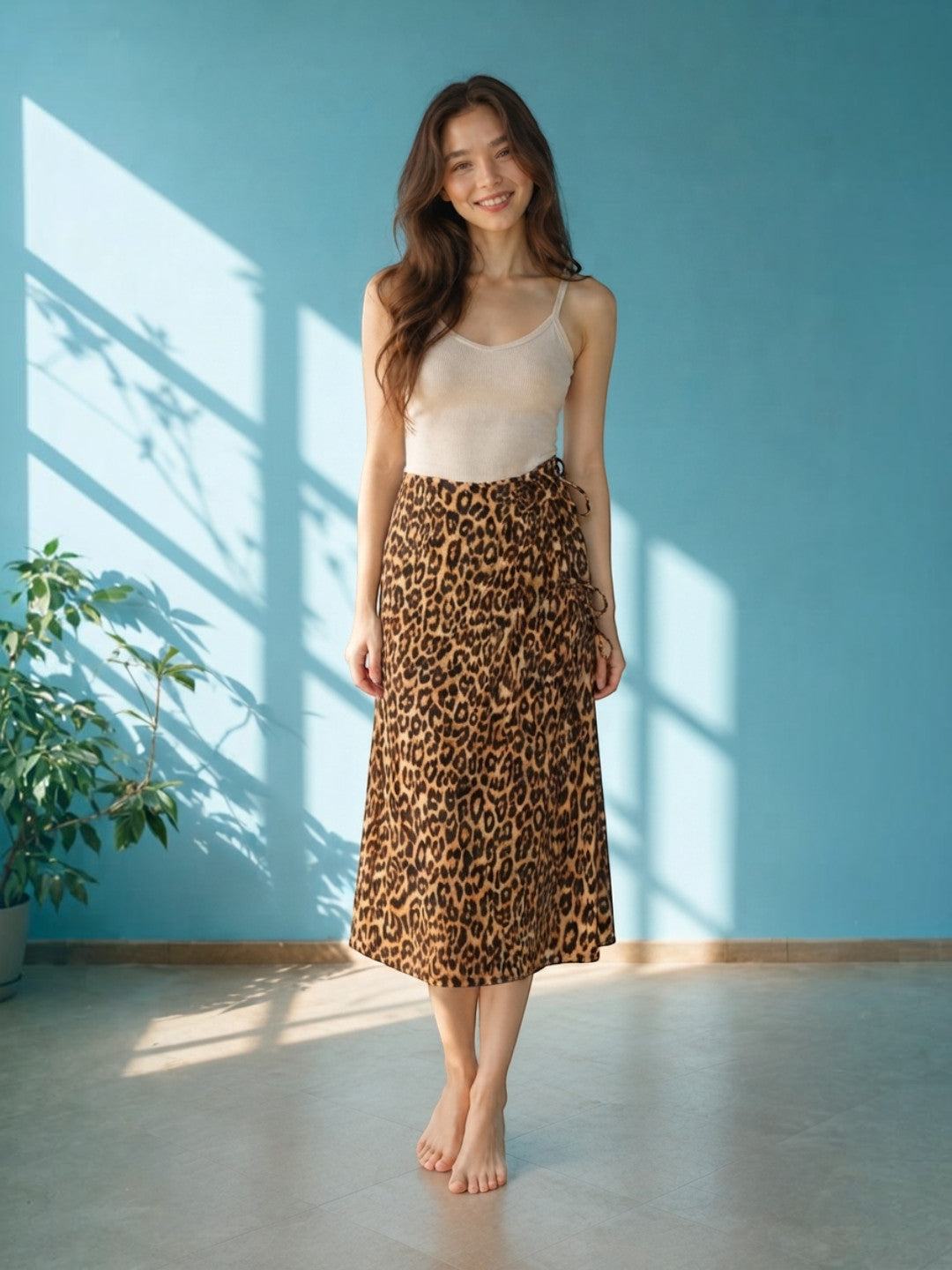 Woman in leopard print midi skirt and cream camisole, stylish plus size fashion