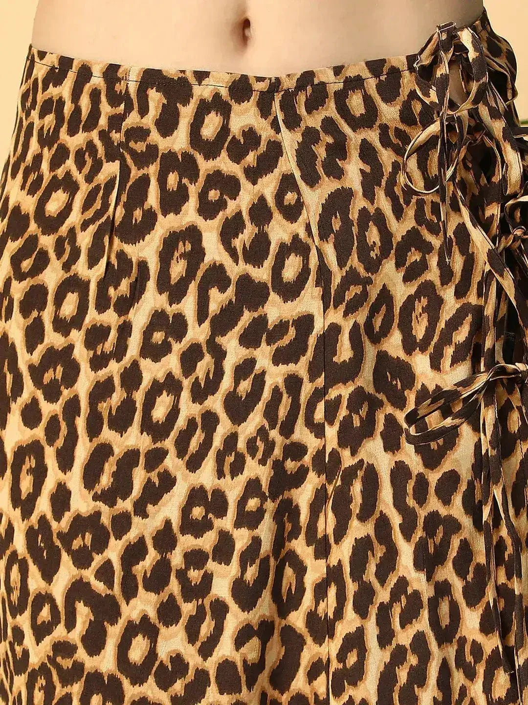 Drippy Brown Animal Print Elasticated With Tie-Up String Detail Women Beachwear Satin Skirt - oxolloxo